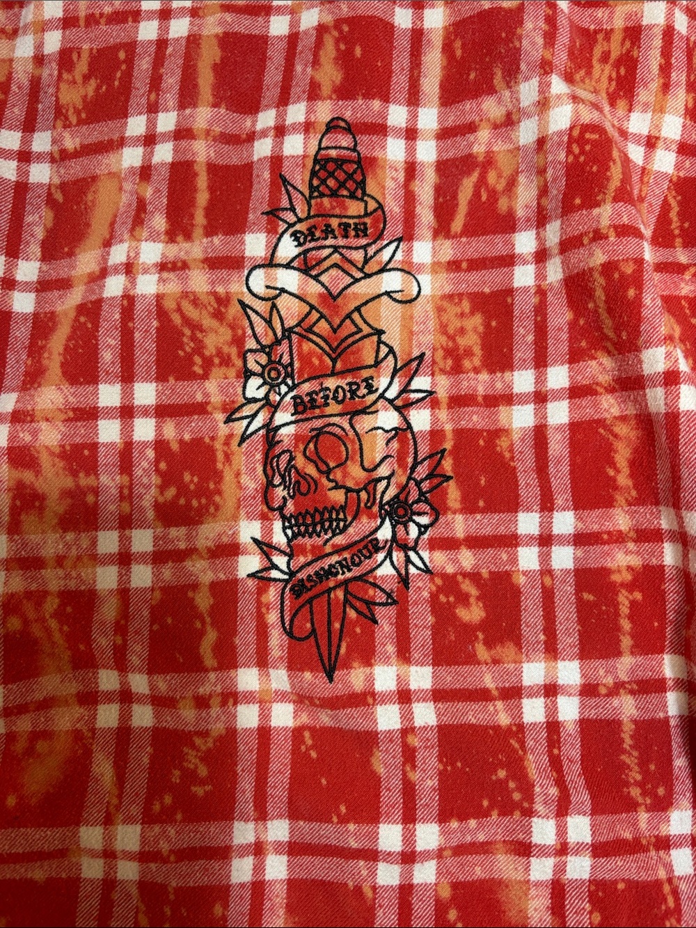 Levi's Red and White Plaid Button-Down Shirt with Black Skull Dagger Embroidery